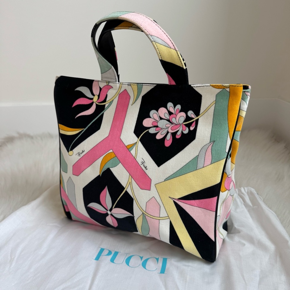 Emilio Pucci Black Pink Yellow Green Floral Print Canvas Tote - Picture 2 of 12